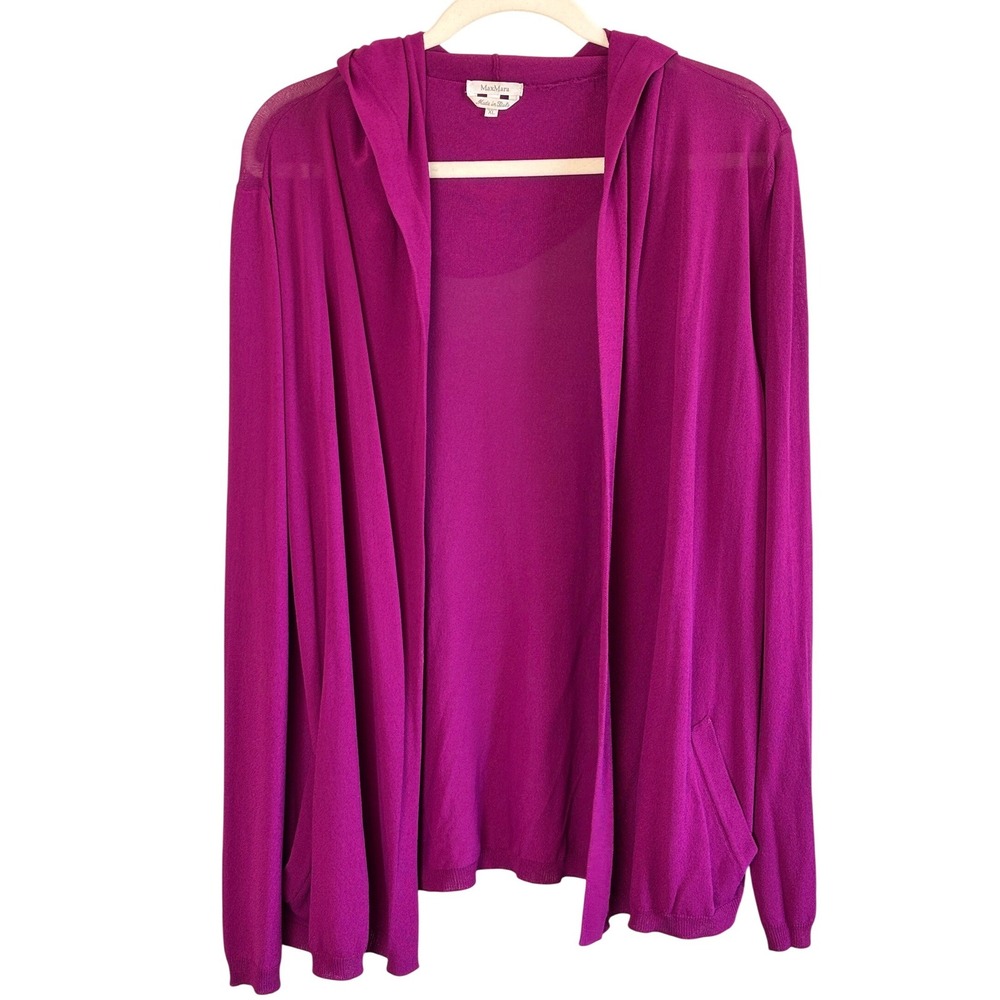 Max Mara‎ Cardigan Fuchsia XL Hooded Open Front Pockets Quiet Luxury Italy